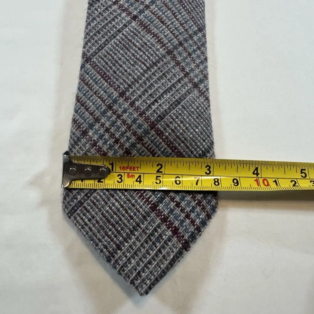 Vintage Austin Reed Regent Street 100% Wool Plaid Tie Gray Burgundy Blue 56”